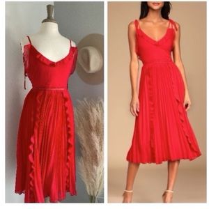 ❤️ Never a Dull Moment Bright Red Tie-Strap Pleated Midi Dress